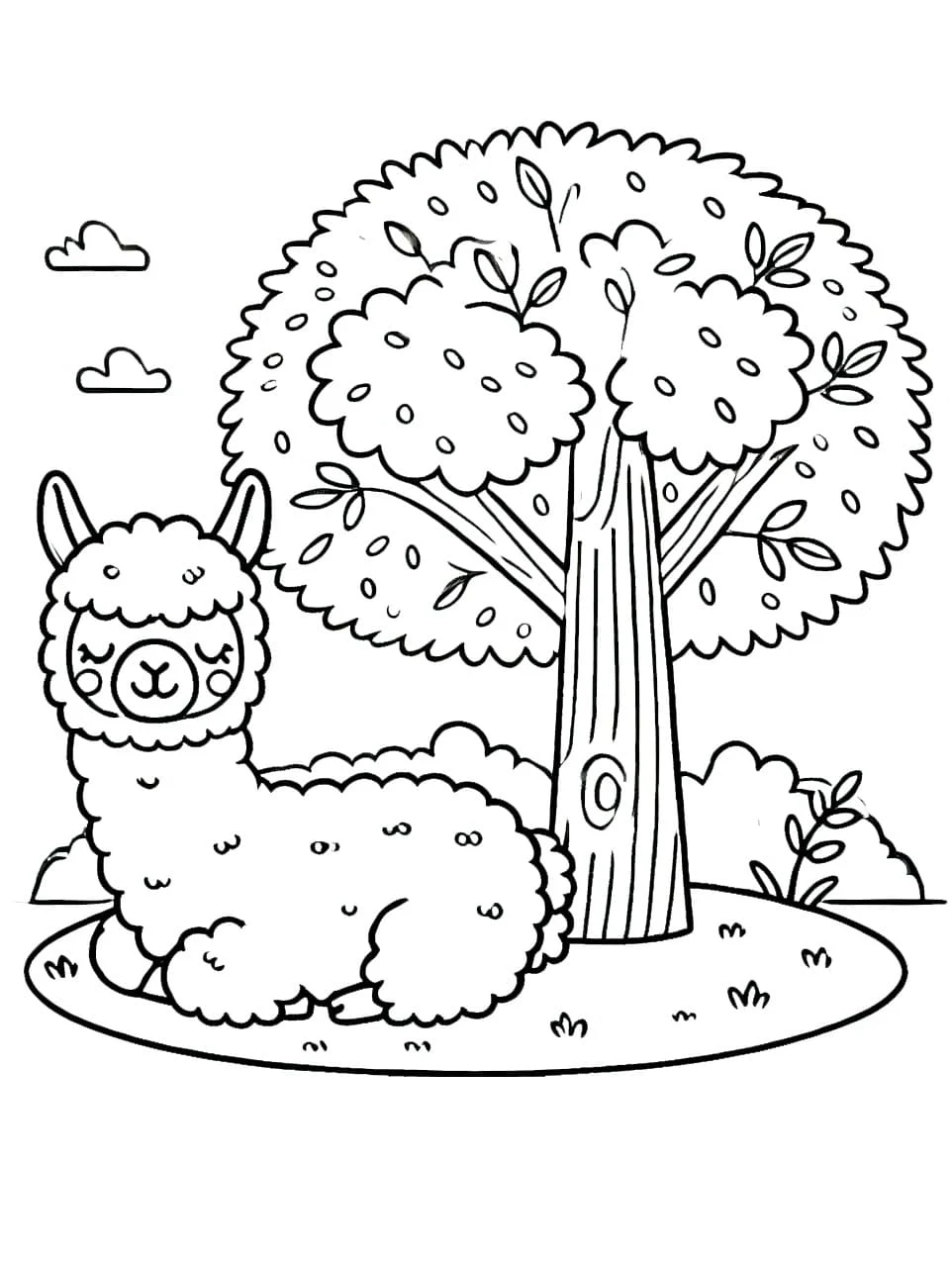木の下で休むアルパカ のぬりえ