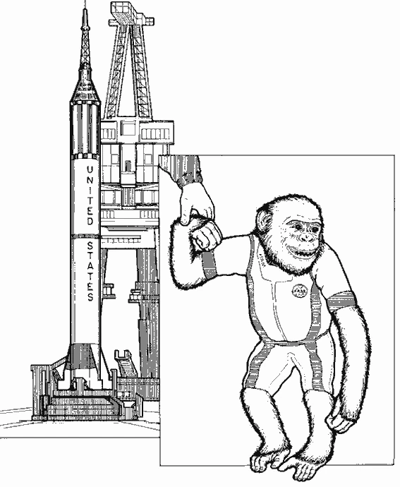 チンパンジーのハムが宇宙服を着てロケットの横に立つ様子 のぬりえ