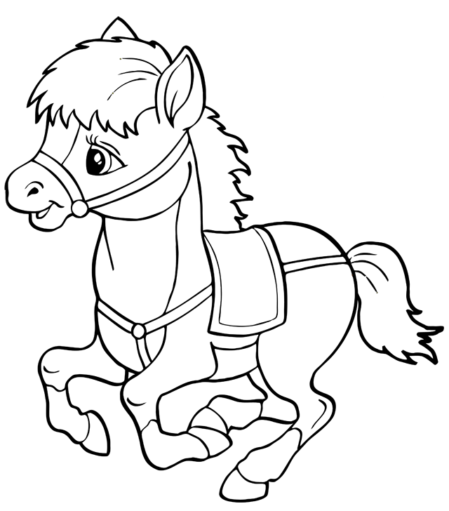 鞍と手綱をつけて走る馬 のぬりえ