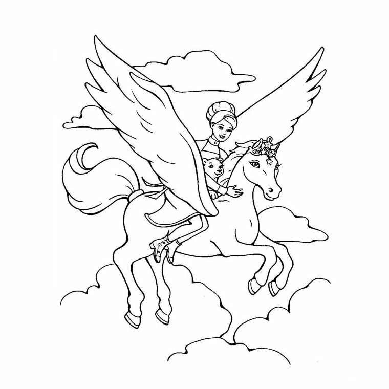 雲の中を王女を乗せて飛ぶ馬 のぬりえ