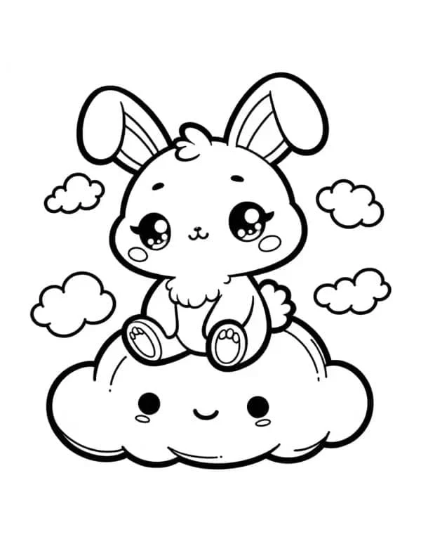 かわいいウサギが笑顔の雲の上に座っている のぬりえ