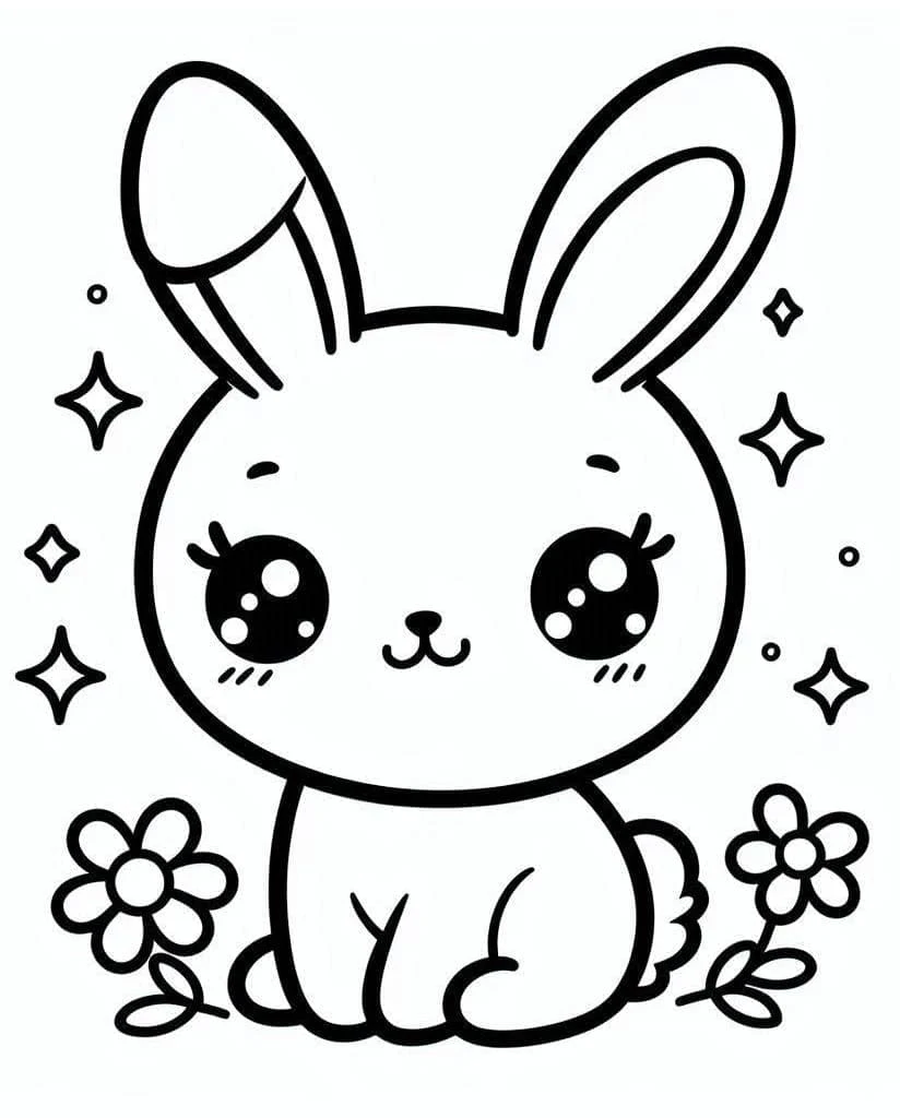 かわいいウサギが花の間に座っている のぬりえ