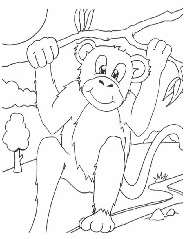 サルが木の枝にぶら下がっている絵 のぬりえ