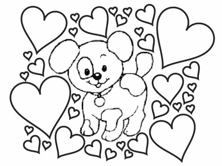 ハートに囲まれた子犬 のぬりえ