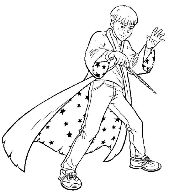 杖で魔法をかける魔法使いの少年 のぬりえ