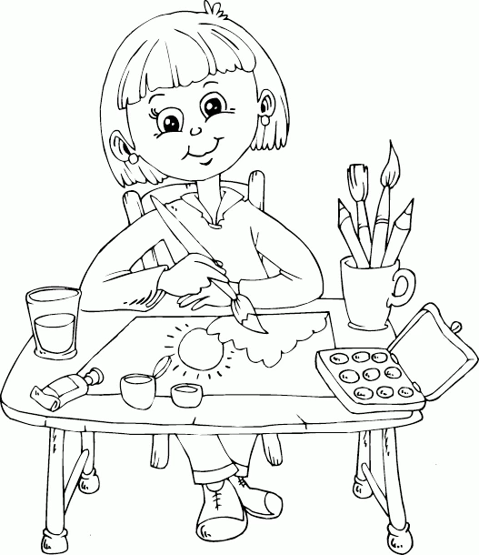 机で絵を描く画家の女の子 のぬりえ