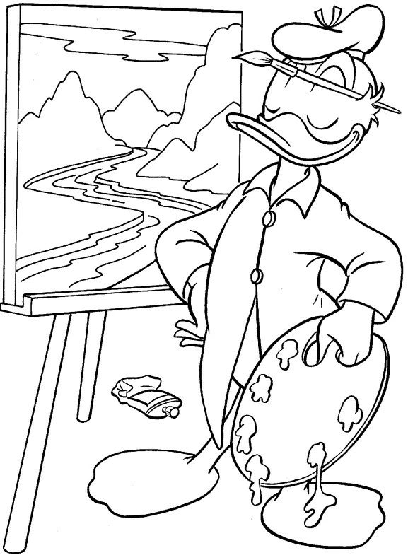 画架の前で絵を描くドナルドダック のぬりえ