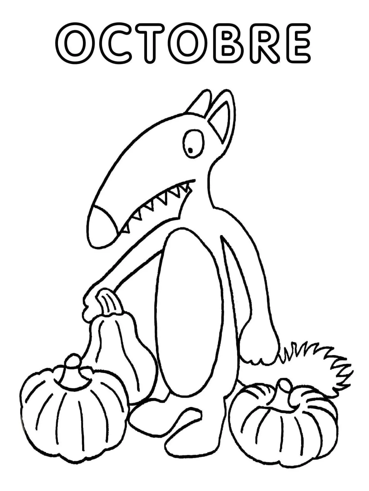 アウズーのオオカミがカボチャを持つ10月の絵 のぬりえ
