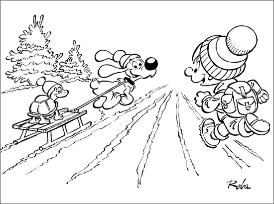 BillyとBuddyが雪の中でそり遊び のぬりえ