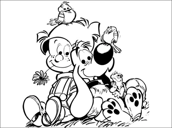 春に鳥たちに囲まれたBillyとBuddy のぬりえ