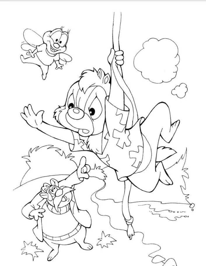 つるにぶら下がるChipとDale のぬりえ
