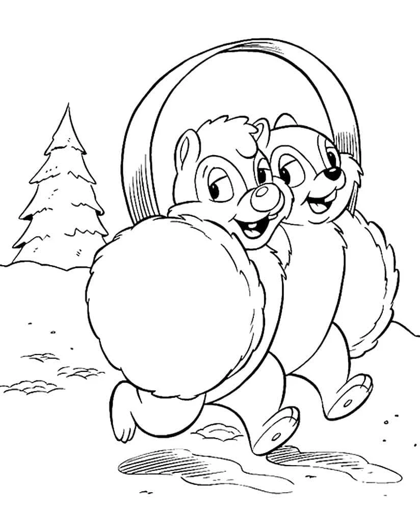 大きな雪玉を運ぶチップとデール のぬりえ