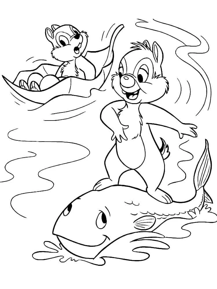 大きな魚に乗るChipとDale のぬりえ
