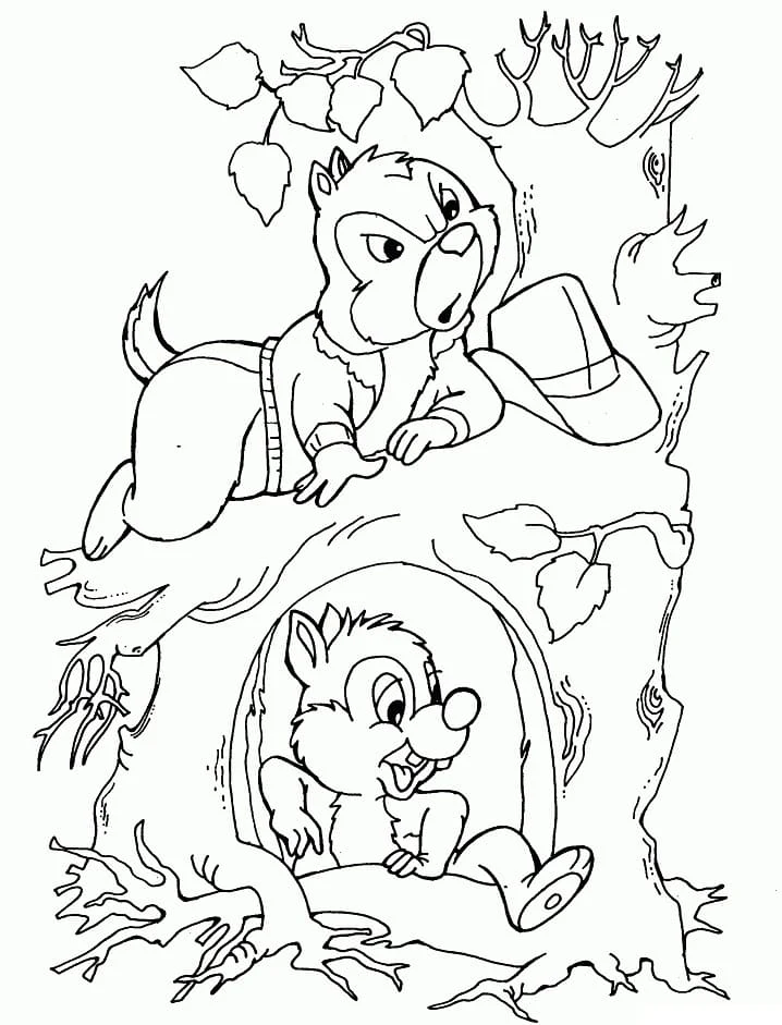 木のうろを探検するChipとDale のぬりえ