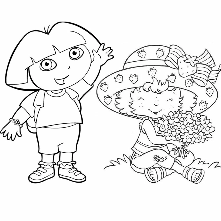 Glimmerberry Ball 花を持つ女の子と手を振る友達 のぬりえ