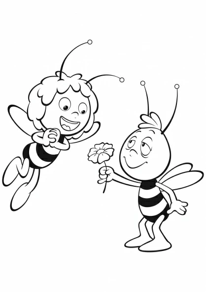 みつばちマーヤがウィリーから花をもらう のぬりえ