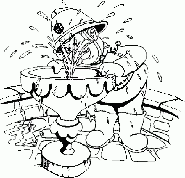 消防士サムが噴水で水しぶきを上げる のぬりえ