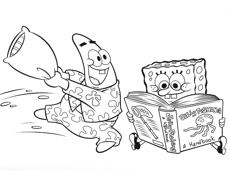 SpongeBob SquarePantsが読書し、パトリックが枕を振る のぬりえ