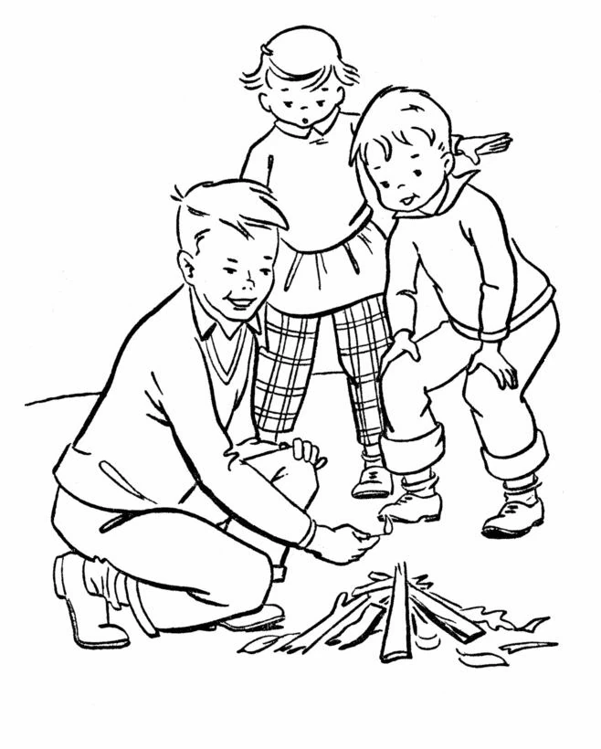 キャンプファイヤーに火をつける子供たち のぬりえ