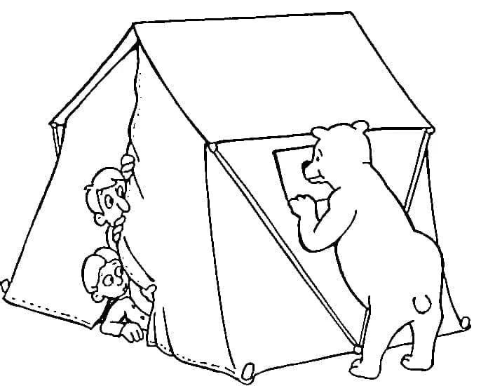 テントを覗くクマと驚くキャンパーたち のぬりえ