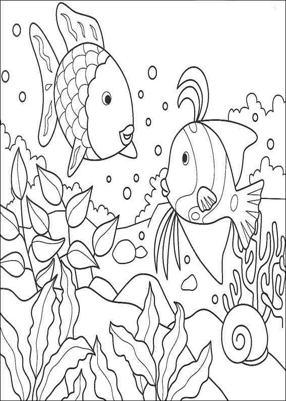 サンゴと海藻の近くを泳ぐ二匹の魚 のぬりえ