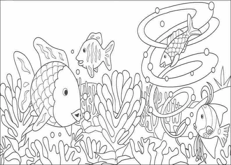 サンゴ礁の周りを泳ぐ魚たち のぬりえ