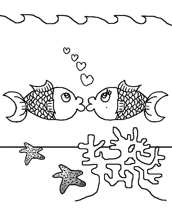 サンゴの上でキスする二匹の魚 のぬりえ