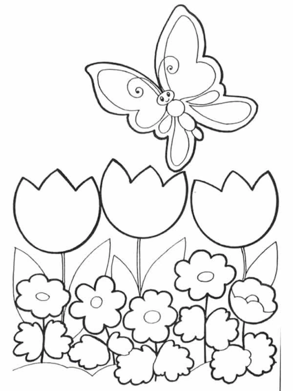 チューリップと花の上を飛ぶ蝶 のぬりえ