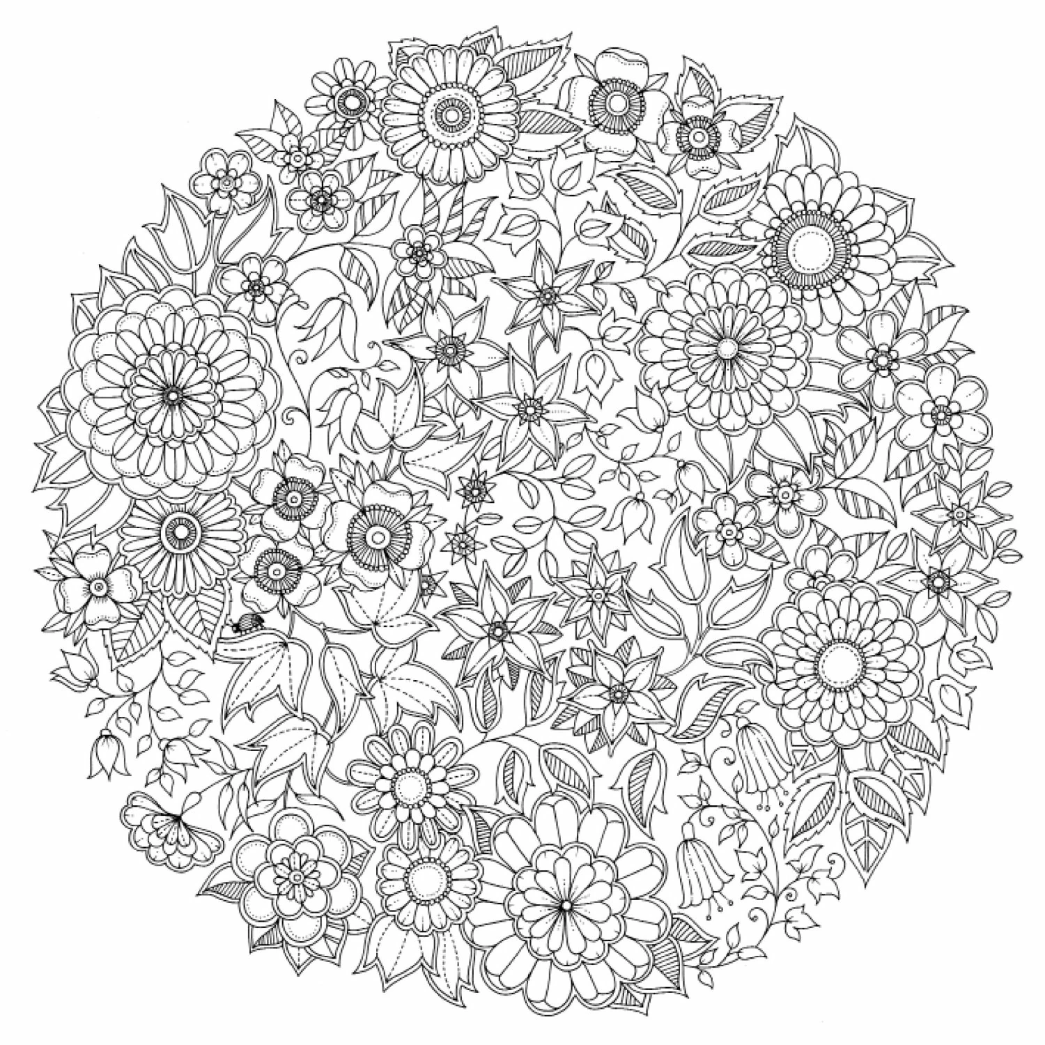 花で構成された円形の曼荼羅模様 のぬりえ