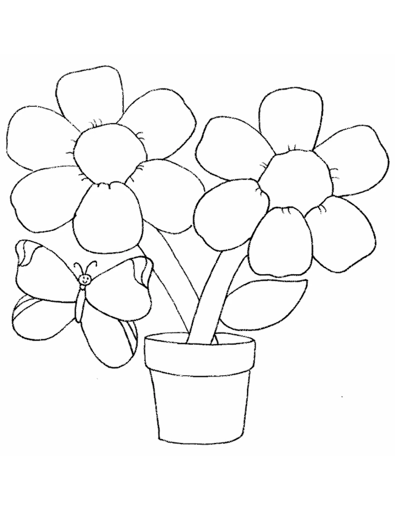 植木鉢の花と蝶 のぬりえ