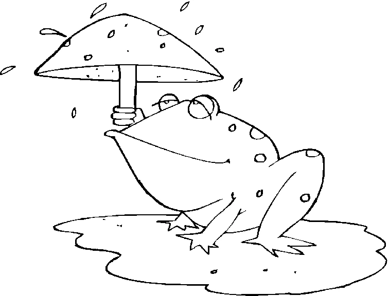 きのこの傘で雨を避けるカエル のぬりえ