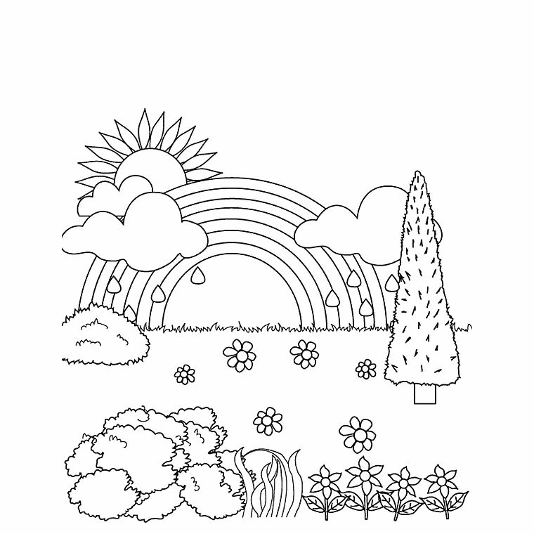 雨上がりの虹と太陽 のぬりえ