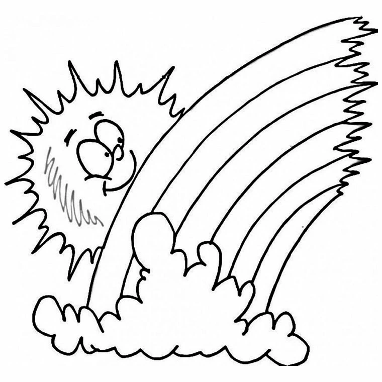 虹の後ろから顔をのぞかせる笑顔の太陽 のぬりえ