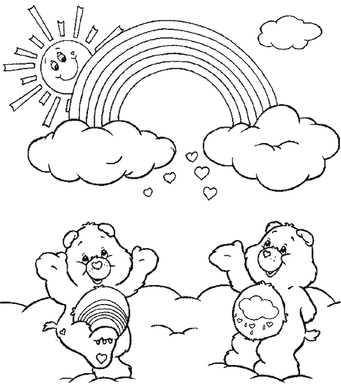 虹と太陽のもとで喜ぶケアベア のぬりえ