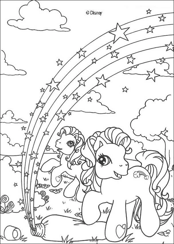 星の虹の下にいる二匹の小さなポニー のぬりえ