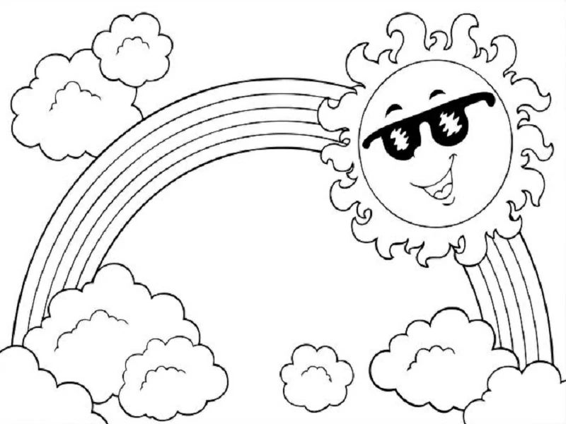 サングラスをかけた笑顔の太陽と虹 のぬりえ