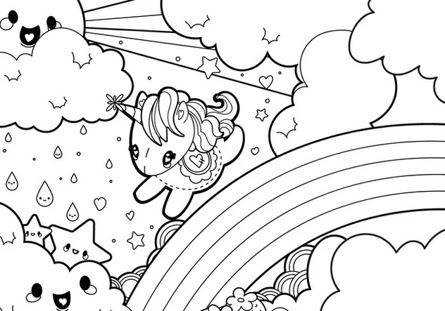 虹とかわいいユニコーンと雲 のぬりえ