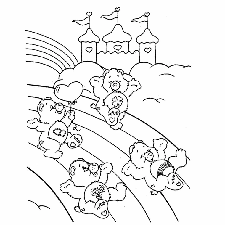 虹の上を滑るケアベアたちとお城 のぬりえ