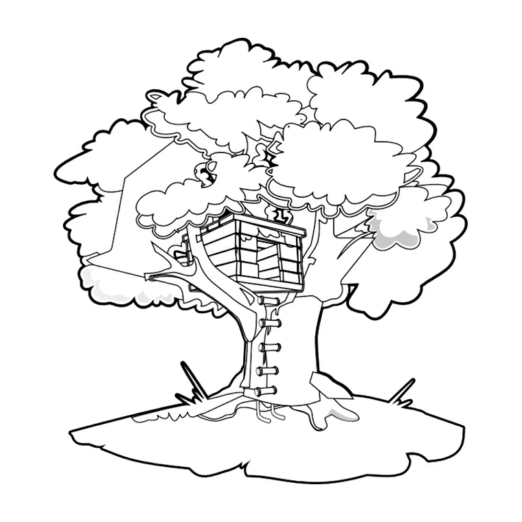 枝の間に小屋がある木 のぬりえ