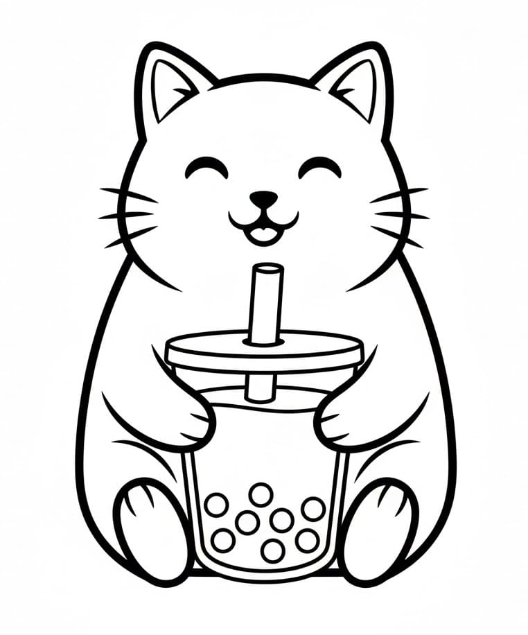 タピオカミルクティーを持つ猫 のぬりえ