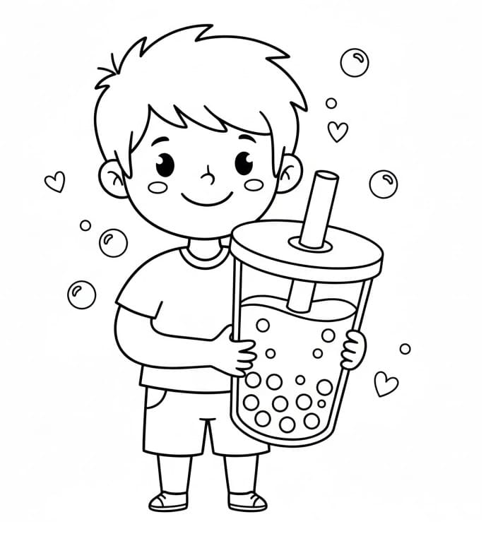 タピオカミルクティーを持つ男の子 のぬりえ