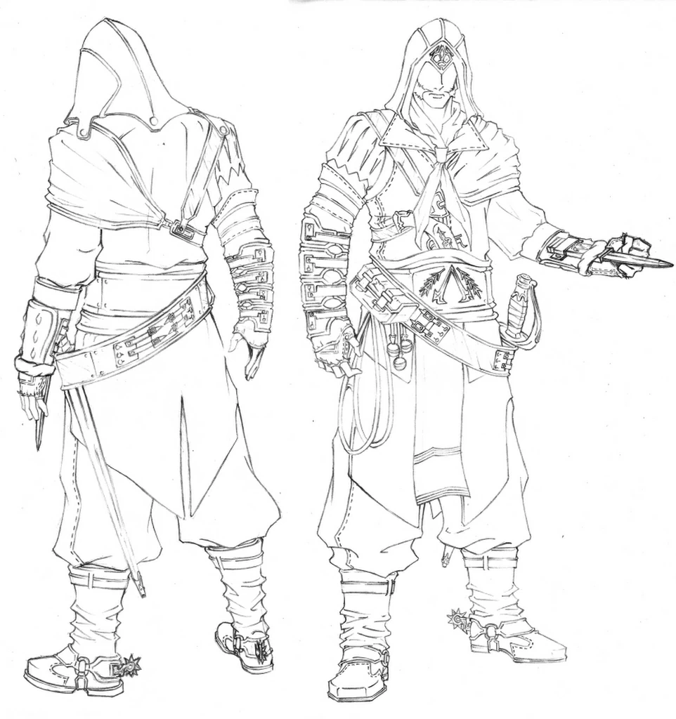 アサシン クリードのキャラクターを2方向から描いた絵 のぬりえ