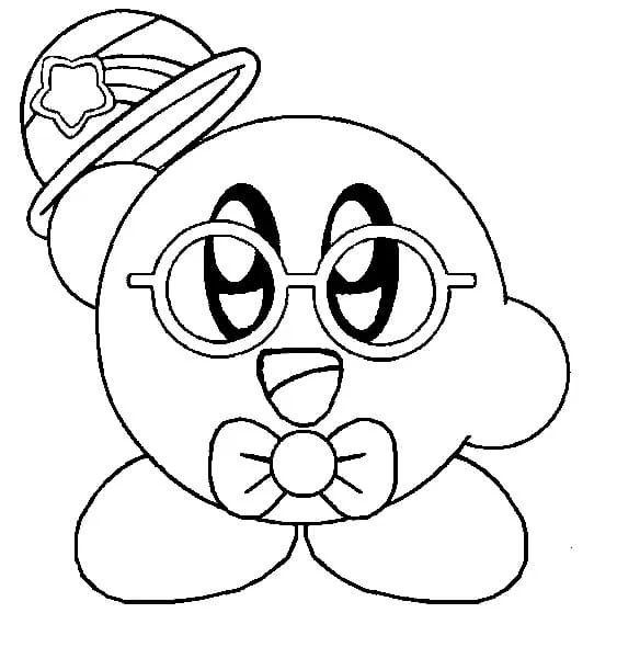 カービィが眼鏡とストライプの帽子をかぶっている絵 のぬりえ
