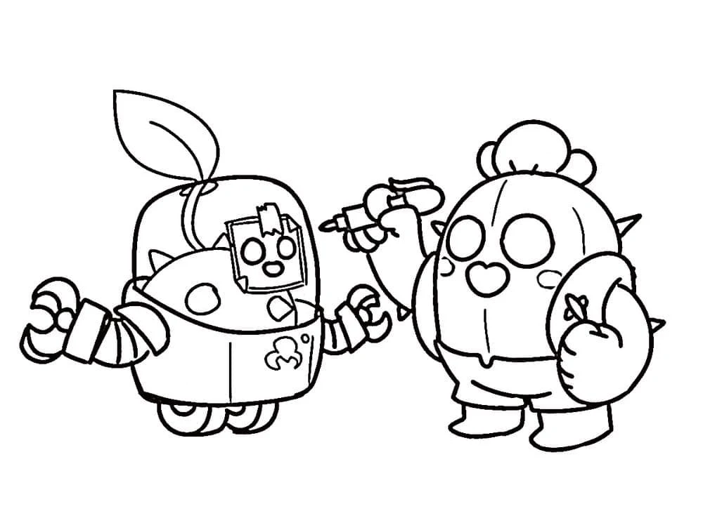 スパイク・ブロールスターズとロボット風フルーツキャラクター のぬりえ