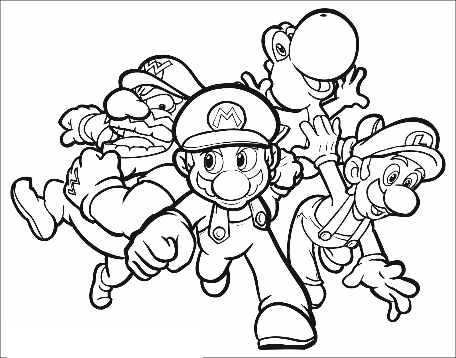 マリオ、ワリオ、ルイージ、ヨッシーが一緒に走る のぬりえ