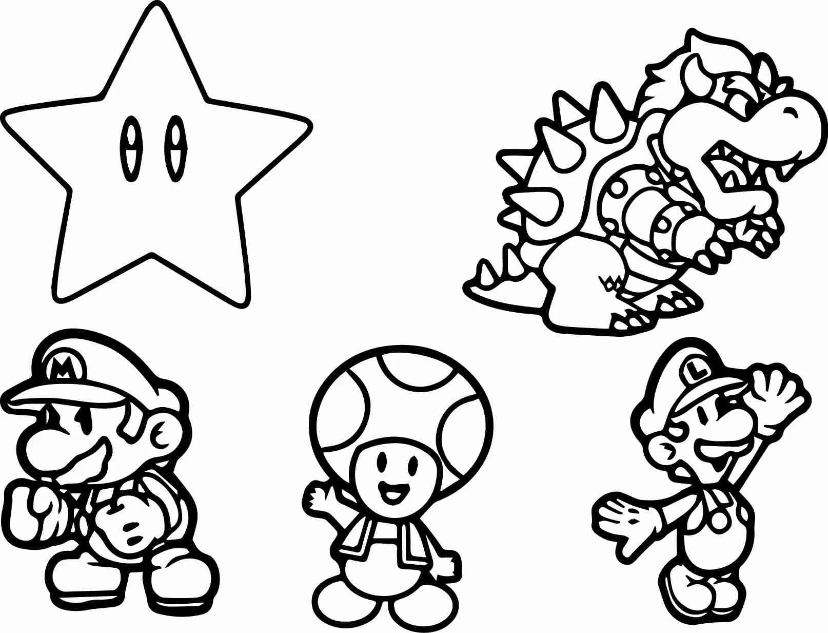 ヒキガエルとマリオ、ルイージ、クッパ、スターの絵 のぬりえ
