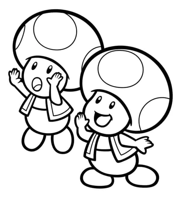 キノピオと驚いた仲間が並んで立っている のぬりえ