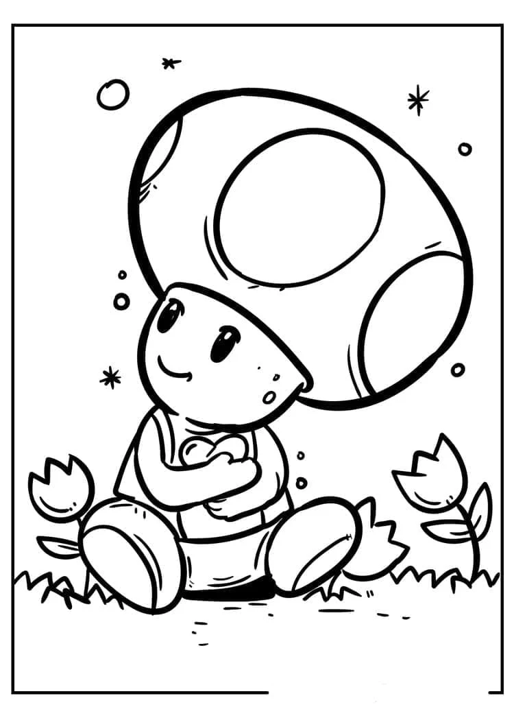 キノピオ、キノコの下に座る のぬりえ キノピオ、キノコの下に座る のぬりえ