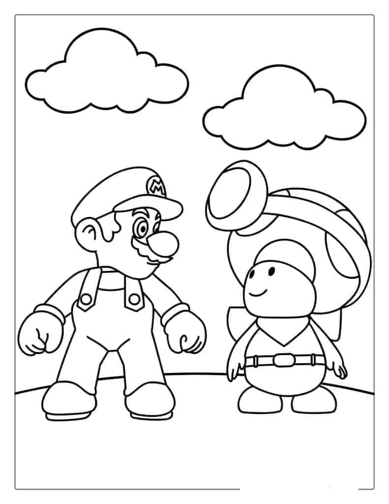 雲の下でマリオのそばに立つキノピオ のぬりえ