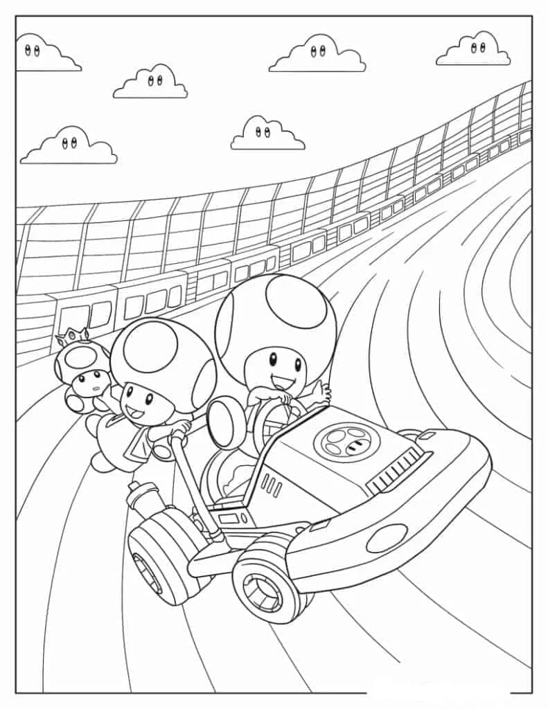 キノピオがカートレースを楽しむ様子 のぬりえ